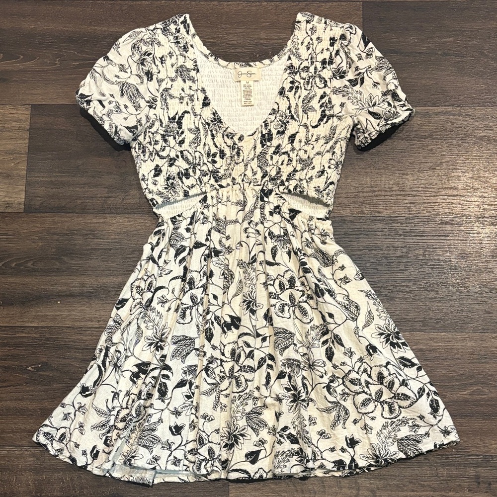 Jessica Simpson Black & White Floral Print  Puff Sleeve Mini Sundress Medium
